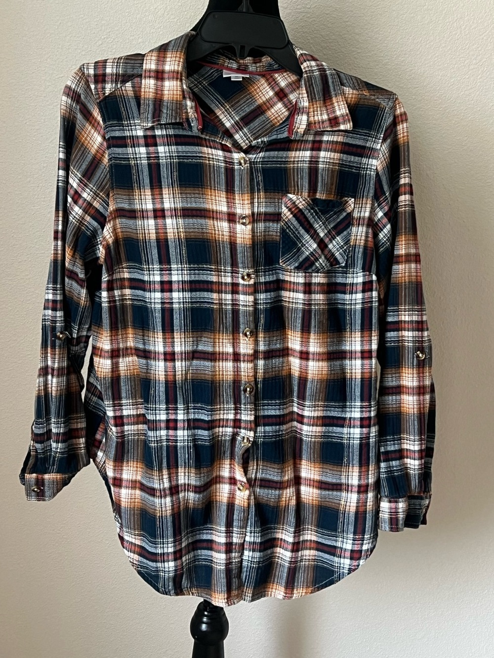 dressbarn Navy, Brown and White Plaid Button-Down Shirt XL Women’s